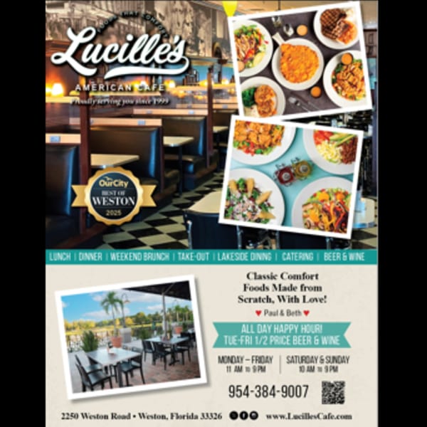 Collage of Lucille's American Cafe interior, various American dishes, and outdoor lakeside dining.