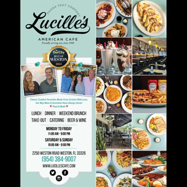 A collage of Lucille's American Cafe's menu, food, owners, and restaurant interior.